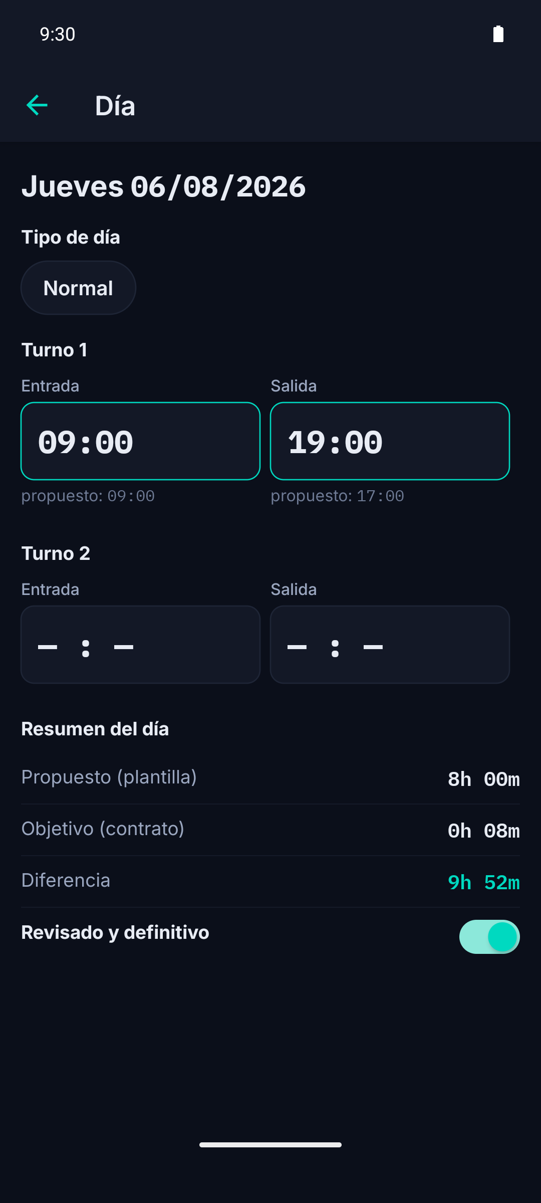 Formulario de edición de un día en ControlHorario